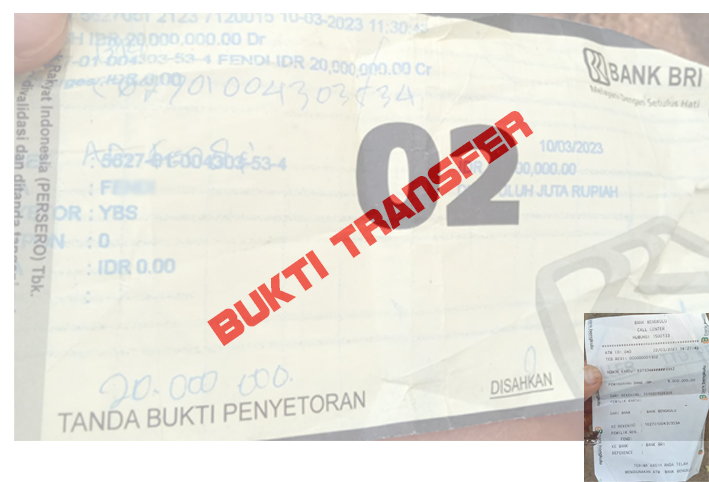 Bukti transfer yang diduga untuk bayar fee proyek